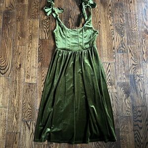 Cider Olive Green Velvet Midi Dress with Tie Straps